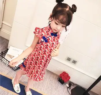 2019 naujų mergaičių kinų suknelė vaikai šifono raudona spausdinimo kūdikių qipao vaikų rankovių cheongsam vestuvių suknelės, skraistės chinoise