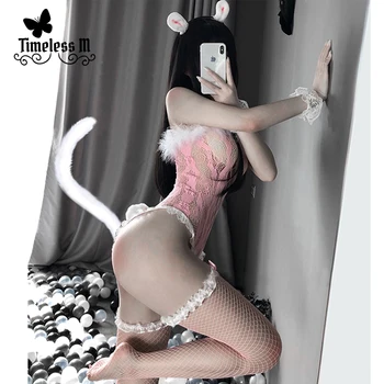 Paloli 2020 m. Moteris Sexy žvejybos tinklas Lingerie Bodysuit su gyvulių Erotika Matyti per Kostiumai Juoda Rausva Nėrinių Katytė Cosplay Bustier