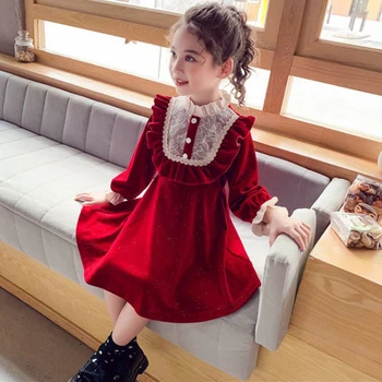 Mergaitės Suknelė Rudens Dress Nauja Vaikų Princesė Dress Mergaitė Raudona Nėrinių Suknelė Elegantiškas, Gražus Suknelė