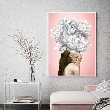 Moderni Baltos spalvos Gėlių Mergaitė Elegantiškas Nuogas Moteris, Drobė, Tapyba Šiaurės Plakatas Spaudinių Sienos Meno Kambarį Namų Dekoro (be Rėmelio)