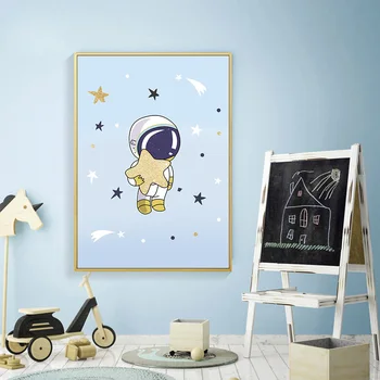 Animacinių Filmų Raketų Astronautas, Drobė Spausdinti Berniukas Darželio Sienos Meno Plakatas Tapybos Erdvę, Žvaigždes, Šiaurės Apdailos Nuotrauką Kūdikių, Vaikų Kambarys