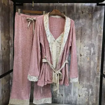 2019 Naujas Mados Rudens-Žiemos Moterų Tirštėti Aksomo Pižama Trijų dalių Leisurewear Mezgimo Sleepwear Šiltas, naktiniai drabužiai