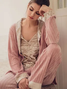 2019 Naujas Mados Rudens-Žiemos Moterų Tirštėti Aksomo Pižama Trijų dalių Leisurewear Mezgimo Sleepwear Šiltas, naktiniai drabužiai