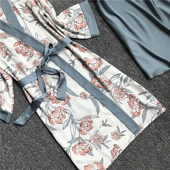 Vasaros Satino 4 gabalus Mantija Rinkiniai Dirbtiniais Šilko Kimono Pižama Moterims Gėlių Spausdinti Seksualus Plius Dydis Nightgowns Sleepshirts Lounge Rinkinys