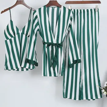 M-XL Moterų Pižama Rinkiniai Kimono Skraiste 3PC Dirželis Viršuje Kelnės Kostiumas Sleepwear Pižamą Sexy Lady Namų Drabužiai Vonia Suknelė Nightdress