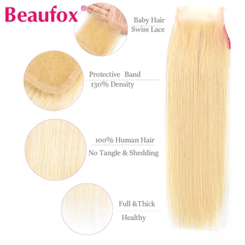 Beaufox 613 Blond Brazilijos Tiesūs Plaukai, Nėriniai Uždarymo Žmogaus Plaukų, 4*4 Uždarymo Nemokamas Dalis Su Kūdikių Plaukus Remy Plaukų