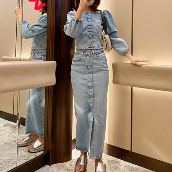 Naujas Vintage Stilingas Trumpas Stiliaus Denim Palaidinės Moterims 2020 Mados Deimantų Mygtuką Sluoksniuotos Rankovėmis Marškiniai, Elegantiškos Pasėlių Viršuje Blusas Mujer