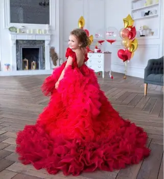 Raudona 2020 Gėlių Mergaičių Suknelės, Vestuvių Bateau Kaklo Appliqued Bamblys Inscenizacija Chalatai Tiulio Ilgai Mokyti Vaikus Prom Chalatai