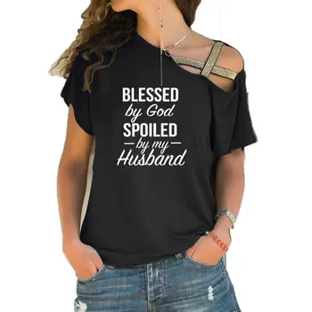 Jėzus T-Shirt Dievas Hubby Wifey Bažnyčia T-Shirt Dievo Palaimintas Sugadina Mano Vyras marškinėliai Moterims Nereguliarus Nerijos Kryžiaus Tvarstis Viršų