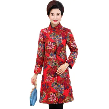 Naujas Žiemos Striukė Moterims Tirštėti Vieną Krūtinėmis Šiltas Žieminis Paltas Spausdinti Gėlių Medvilnės Kinijos Stilius Derliaus Moterų Outwear
