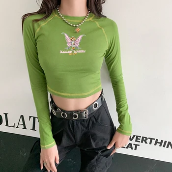 Rudenį E-mergaitė Drugelis Grafinis Marškinėlius Moteris Y2k Laišką Elegantiškos Grafikos ilgomis Rankovėmis Apkarpyti Viršūnes 2020 Street Veiklos Pagrindinių Streetwear