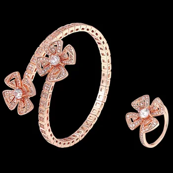 Zlxgirl vestuviniai papuošalai Kubinis cirkonis Reguliuojamas Gėlių Formos Bangle su žiedas, papuošalų rinkiniai gerų moterų, vestuvių apyrankę žiedas rinkiniai