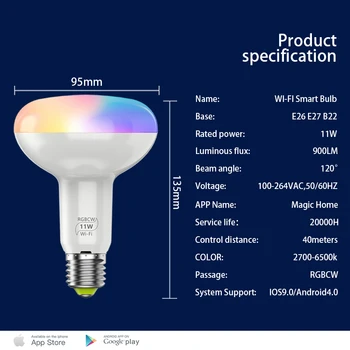 WiFi Smart Lemputė 11W E27 Pritemdomi LED Lempos App Veikia, Alexa, Google 