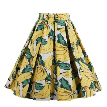 Retro Medvilnės Bananų Gėlių Spausdinti Klostuotas Sijonas Aukštu Juosmeniu Derliaus Sijonai Moterims 50 Audrey Hepburn Stiliaus Saias Midi Swing Sijonas