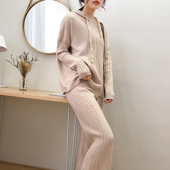 Su gobtuvu vientisos spalvos megztinis platus kojų kelnės dviejų dalių naujų mados twist moterų temperamentas priemiestinių megztiniai kelnės viršuje su rinkinį
