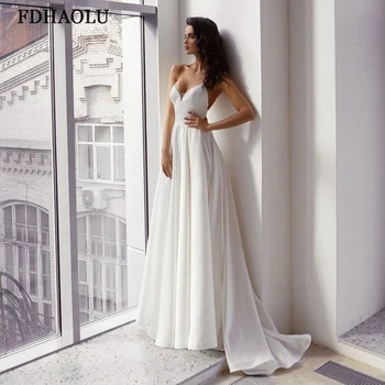 FDHAOLU FU175 Spagečiai Dirželiai Vestuvių Suknelė 2021 Mados Rankovių Valymo Traukinio A-line Bridal Suknelės su Criss Cross Dirželiai