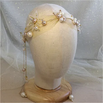 Baltos spalvos krepo prabanga didelis perlų Rankų darbo, kaspinai Aukso Minkštas Verpalai Plaukų Juostos vestuvių Nuotakos Šukuosena