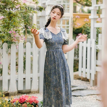 2020 Metų Vasaros Naują Atvykimo Aukštos Kokybės Elegantiškas V Apykaklės Sluoksniuotos Rankovėmis Gėlių Spausdinti Moteris Ilgą Šifono Suknelę