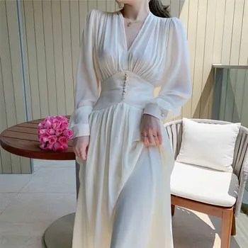Moterų Šifono Vasarą, Rudenį Pearl Mygtuką-Line Vestidos Kietas Pasakų Suknelė su V-kaklo, ilgomis Rankovėmis Mados Elegantiškas Moterų Suknelės