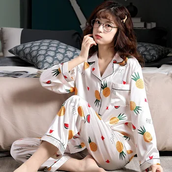 2020 naujas Moterų Pižama Dirbtiniais Šilko Sleepwear Satino Pižama Nustatyti Gėlių Spausdinti ilgomis Rankovėmis 2 Gabalas Rudenį, Žiemą Homewear