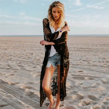 Moterų Vasaros Nėriniai Paplūdimio Kimono Megztinis Feminino Siuvinėjimo Palaidinė Long Marškinėliai Juoda Balta Camisa Feminina 2019 Tunika Viršutinių Drabužių Siuvimas