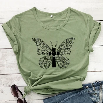 Drugelis Kryžiaus Žodžius T-shirt Estetinės Grafinis Biblijos Stichijos Marškinėliai, Viršuje Moterų, Religinių Krikščionių Tikėjimą Marškinėlius Dropshipping