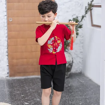 Vaikai Berniukai Drabužių Rinkiniai Kinų Stiliaus Laimingų Naujųjų Metų Vaikams Trumpas Rankovės marškinėliai+ Šortai 2vnt Kostiumas Vaikams Komplektai