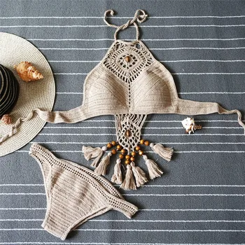 Bikini 2020 mezgimo maudymosi kostiumėlį, Nėrimo Bikini Bohemijos Stiliaus Off Peties Aukšto Kaklo Paplūdimio Bikini, Rankų darbo Nėriniais Bikini