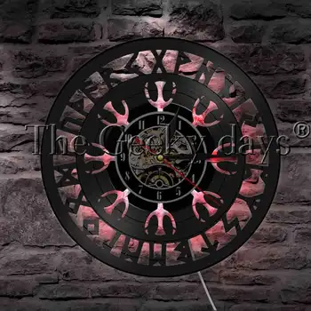 Viking Kompasas LED Nakties Šviesos Vinilo Įrašas Sieninis Laikrodis Paslaptingą Simbolį Skandinavų Talismanas Sienos Žiūrėti Dekoratyvinis Apšvietimas