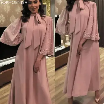 Naujas Atvykimo Chalatas de soiree Rožinė Musulmonų Prom Dresses 2020 Zawalcowany Elegantiška Linija, Pigūs Vakaro suknelės Suknia wieczorowa