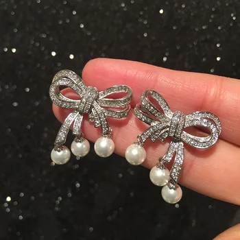 Kietojo bowknot auskarai ins aukštos klasės tikrosios šlovės auskarai kaklaraištis juostelės pearl pakraštyje auskarai moterims vestuves