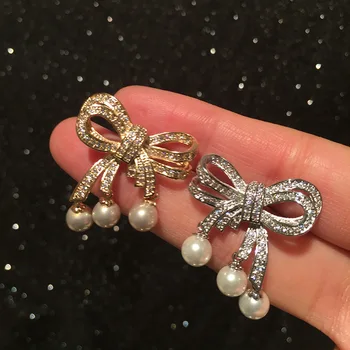 Kietojo bowknot auskarai ins aukštos klasės tikrosios šlovės auskarai kaklaraištis juostelės pearl pakraštyje auskarai moterims vestuves