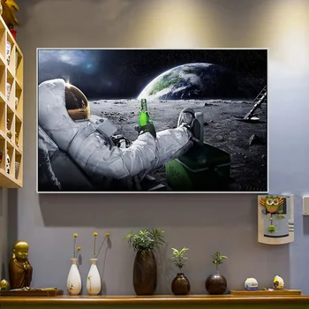 Kosminėje Erdvėje Astronautai Atsipalaiduoti Alaus Mėnulis Drobės Tapybos Plakatai ir Spausdina Sienos Menas Nuotraukas Kambarį Namo Apdaila