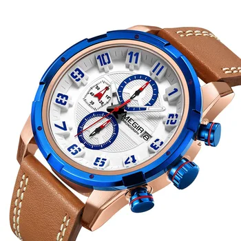 MEGIR Top Brand Kvarco Vyrų Laikrodis atsparus Vandeniui Sporto Odinis Vyrų Laikrodžiai Blue Men ' s Watch Mados Atsitiktinis Relogio Masculino