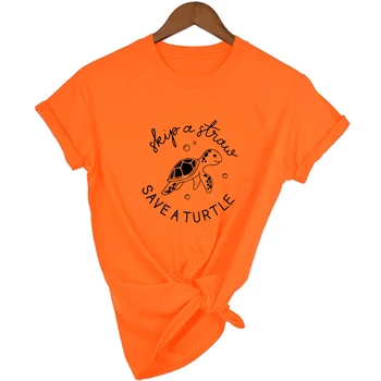 Praleisti Šiaudų Išsaugoti Vėžlys Grafinis Tees Moterys T-shirt Vasaros trumpomis Rankovėmis Estetikos Viršūnių Tees Camisetas Mujer Tumblr Drabužiai