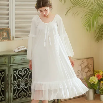 Kilnus Sleepwear Medvilnės Suknelė Suknelė Elegantiškas Pižamą Derliaus Ilga Suknelė Ilgomis Rankovėmis White Night Dress Namų Drabužiai Moterims