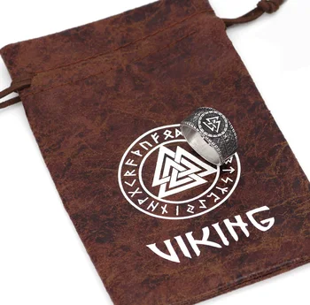 Vyrai 316L nerūdijančio plieno, Šiaurės skandinavų vikingų valknut rune amuletas žiedas su dovanų maišelis