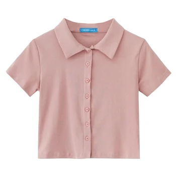 9 spalvų 2019 m. vasarą preppy stilius vientisos spalvos trumpomis rankovėmis trumpą dizaino marškinėliai, moteriški marškinėliai, femme moterims topai (C6369)