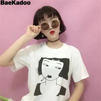 BAEKADOO Harajuku Japonų Animacinių filmų Stiliaus Spausdinti Tee Viršų Moteris trumpomis Rankovėmis, O Vasarą-kaklo marškinėliai