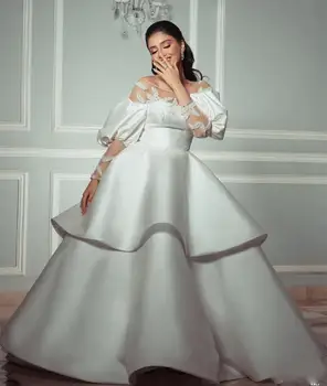 Vestuvinė Suknelė 2021 Prabanga ilgomis Rankovėmis Satino Kamuolys Unikalaus Dizaino Sluoksniuotos Rankovėmis Vestuvinės Suknelės Saudo arabų Off Peties Kristalų Karoliukais