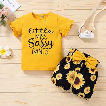 40# Drabužiai, Kūdikių Mergaitės Susiėmę trumparankoviai Pinikai Laiškas Išspausdintas Viršų T-shirt + Lankas Gėlių Gėlių Šortai Kostiumas Одежда