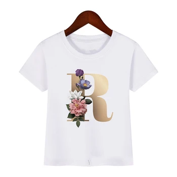 Vaikų Harajuku laišką trumpomis Rankovėmis Viršūnes Tee A B C D anglų kalbos Abėcėlę Gėlės Print T shirt Girls Atsitiktinis korėjos stiliaus Marškinėlius