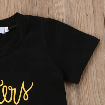 Vasaros Bamblys Vaikas Kūdikių Mergaitės, Juoda Raidė T-shirt Viršūnes+Blizgučiais Džinsinio Šortai Komplektus Drabužių 2VNT Tinka 1-6T