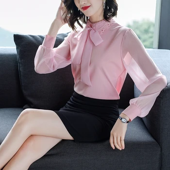 Moterims Palaidinės Korėjos Elegantiškas Moteris, Šifono Rankovėmis Nėrinių Apykaklės Marškinėliai Moterims Topai Plius Dydis Moterų Drabužiai Blusas Mujer De Moda 2020 M.