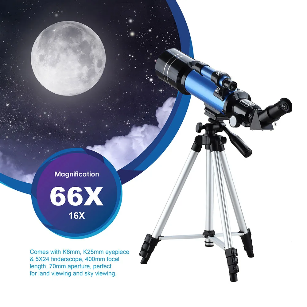 70mm Objektyvo Astronominis Teleskopas su Reguliuojamo Trikojo, Telefono Adapteris, Stačias-Vaizdo 16X/66X, Moon, žiūrėti Pradedančiųjų Vaikų Dovanų