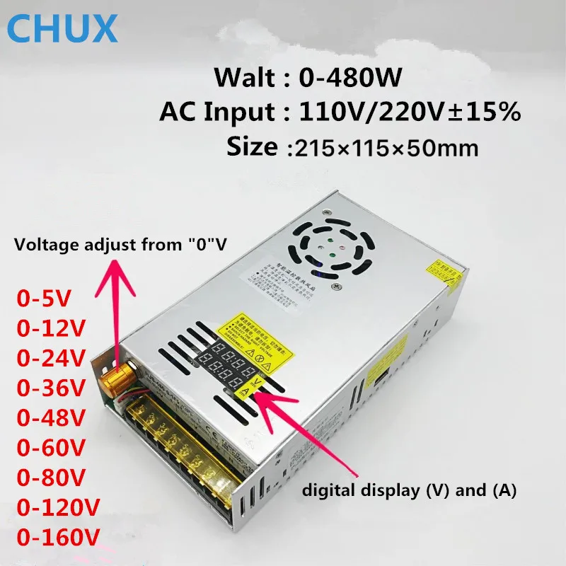 CHUX 480w impulsinis Maitinimo šaltinis 5V12v 24v 36v 48v 60v 160V Reguliuojamas ekrano AC-DC Keitiklis 80v 120v 220V LED Maitinimo šaltinis