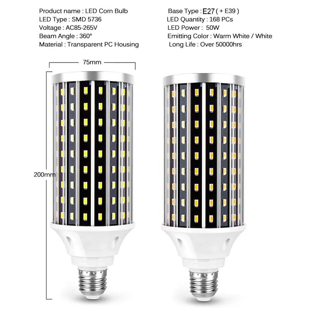 E27 LED Lempa 25W 50W Kukurūzų Lemputė 220V 110V Didelio Ryškumo Lemputės, LED Prožektoriai Sandėlio, Fabriko Komercinės Apšvietimas AC85-265V