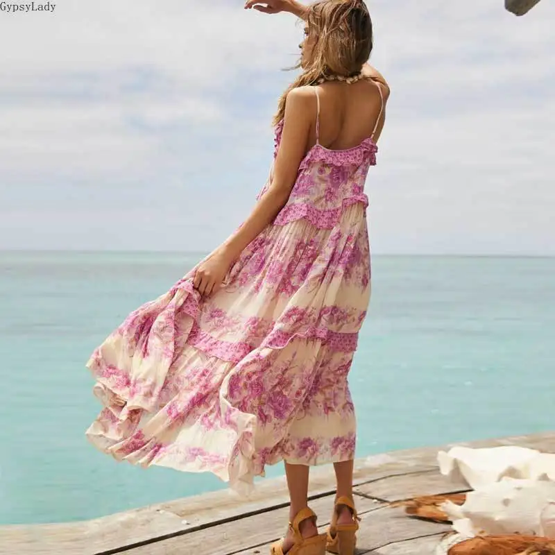 GypsyLady Derliaus alyvinis, rožinis Strappy Suknelė Pinikai kaklo Vasaros Suknelės Rankovių Prašmatnus ilgai boho Suknelė Moterims 2020 paplūdimio suknelė