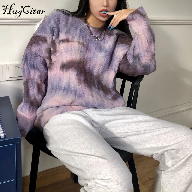 Hugcitar 2020 Kaklaraištis Dažų Negabaritinių Megztinis Rudenį, Žiemą Moterys Mados Streetwear Puloveriai Atsitiktinis Šiltas Viršūnės