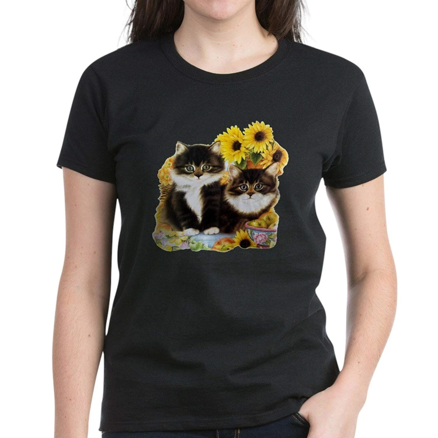 Karališkasis Liūtas Moterų Tamsiai T-Shirt Kačiukai su Saulėgrąžomis(1)